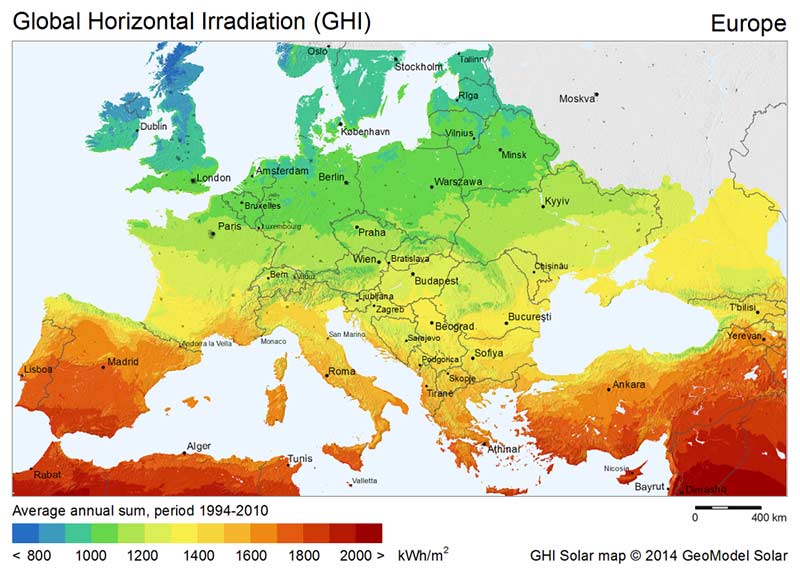 Energia słoneczna - nasłonecznienie w Europie